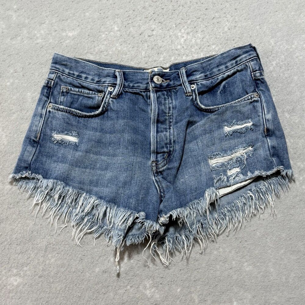 We the free Denim Shorts Womenβs Size 27 Blue Button Fly Distressed Frayed Hem
